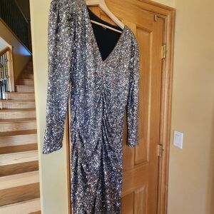 Silver Sequin Long Sleeve V-Neck Dress
